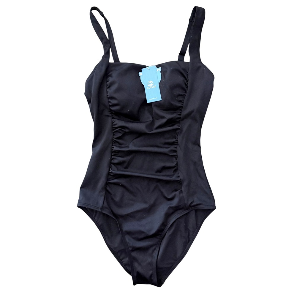 Cupshe One Piece Swimsuit Women Small Black New Slim & Sculpt Ruched Square Neck - Picture 4 of 13